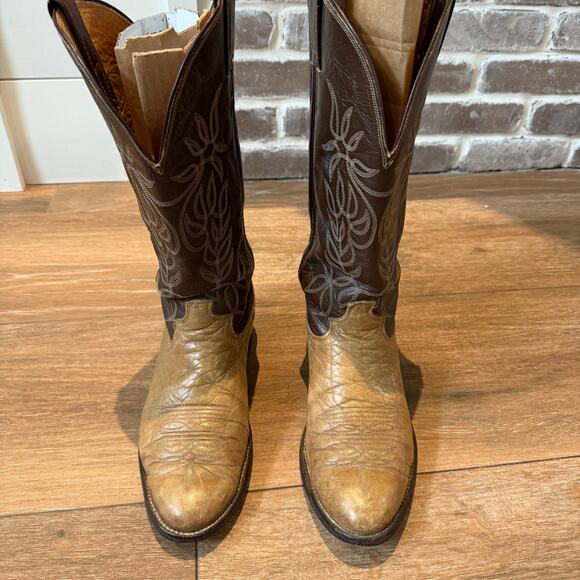 Justin Mens Cowboy Boots Size 9 Tan & Brown leather - Picture 1 of 7